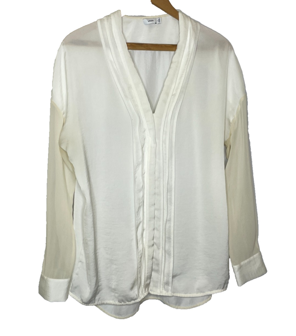 Women's 6 Vince White Pleated Front V-Neck Polyester Blouse Career